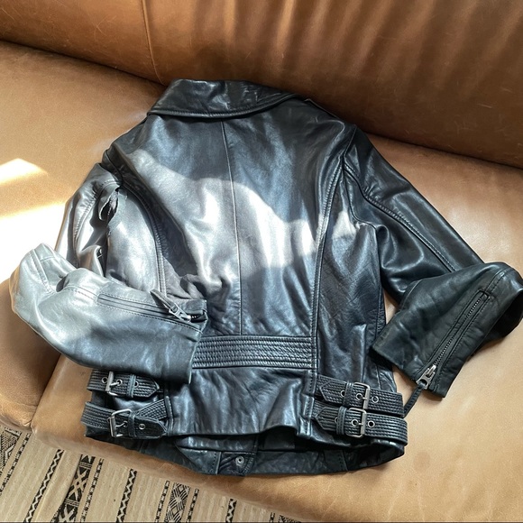 Lucky Brand Moto black leather jacket damaged sleeve fall winter layering - Picture 8 of 16